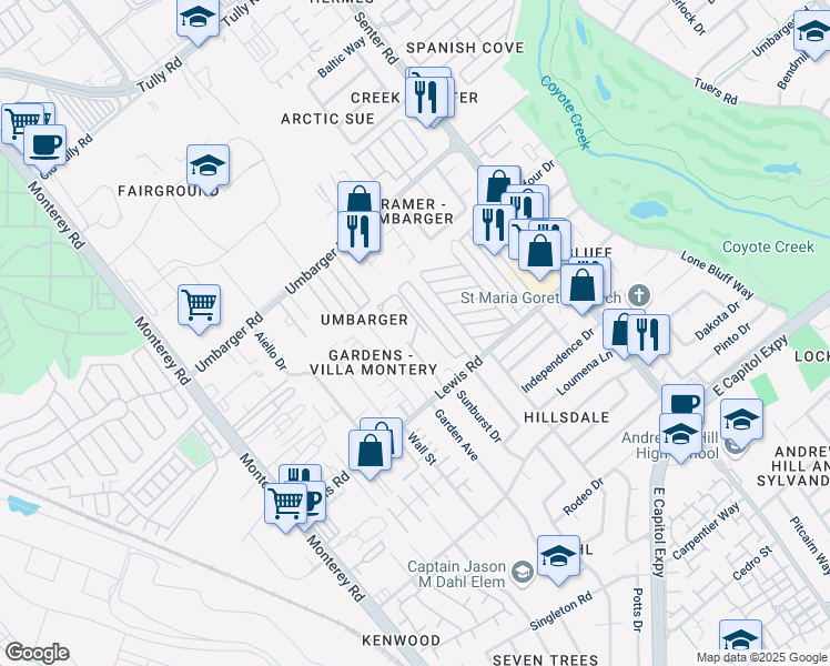 map of restaurants, bars, coffee shops, grocery stores, and more near 2765 Villa Monterey in San Jose