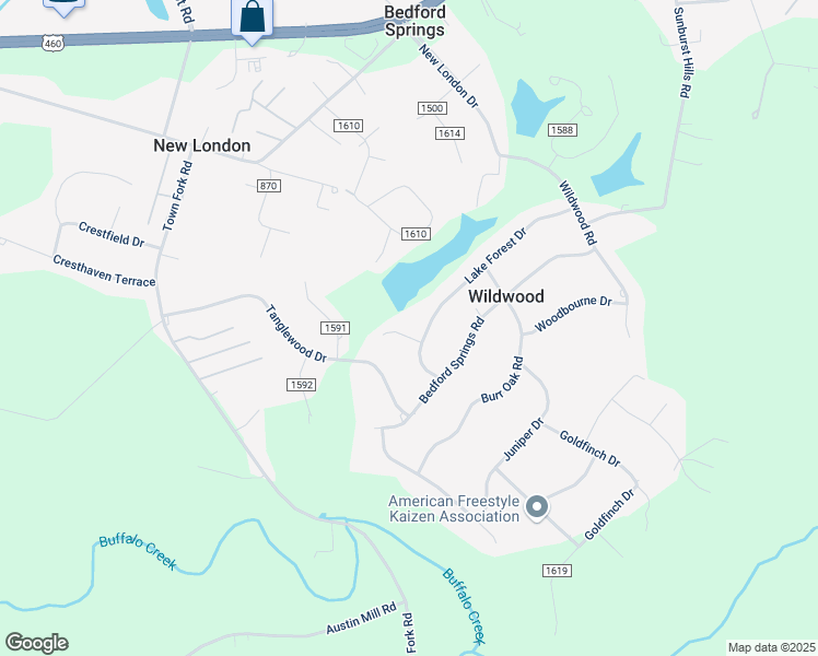 map of restaurants, bars, coffee shops, grocery stores, and more near 15 County Road 1586 in Lynchburg