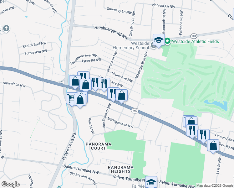 map of restaurants, bars, coffee shops, grocery stores, and more near 3938 Virginia Avenue Northwest in Roanoke