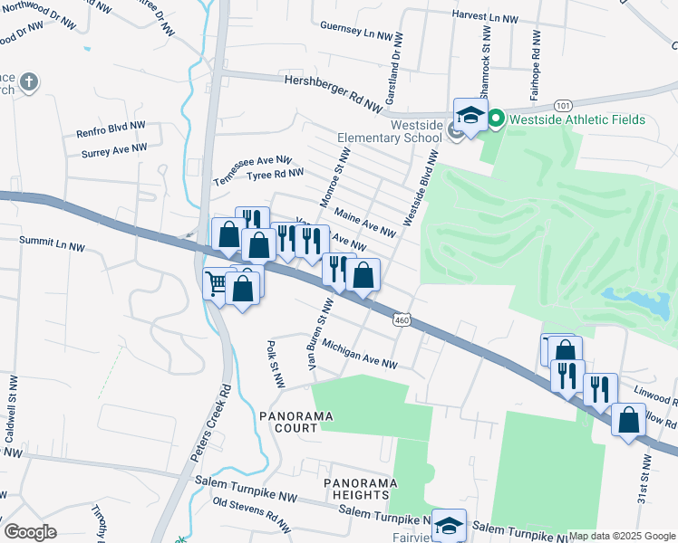 map of restaurants, bars, coffee shops, grocery stores, and more near 4002 Virginia Avenue Northwest in Roanoke