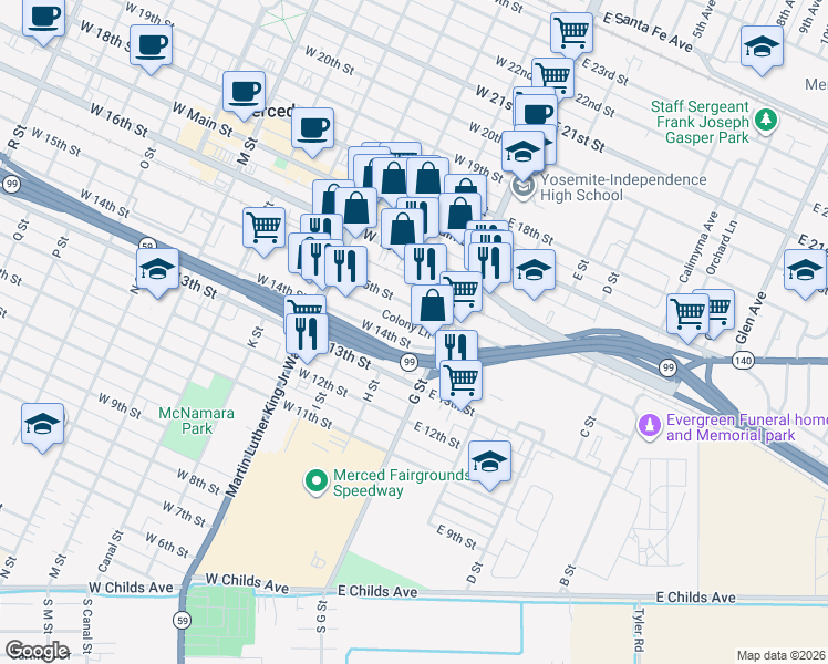 map of restaurants, bars, coffee shops, grocery stores, and more near 64 Colony Lane in Merced