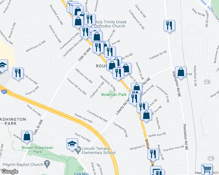 map of restaurants, bars, coffee shops, grocery stores, and more near 2625 Bowman Street Northwest in Roanoke