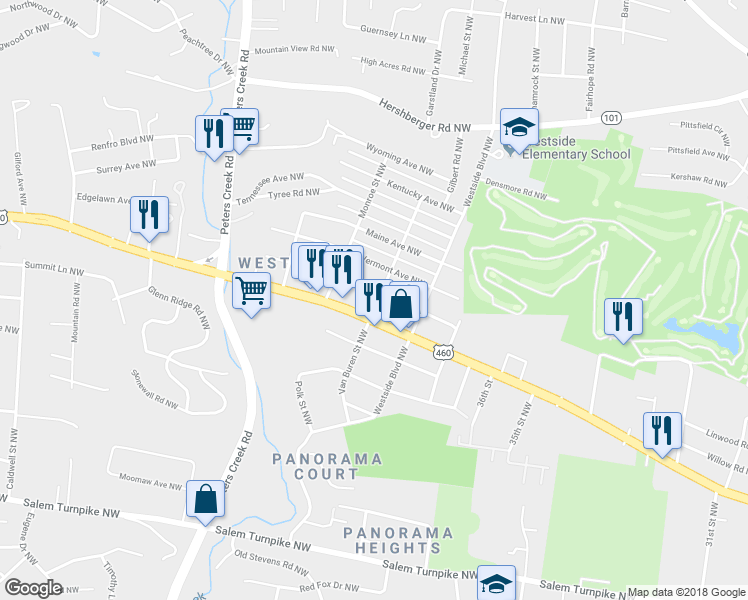 map of restaurants, bars, coffee shops, grocery stores, and more near 4002 Virginia Avenue Northwest in Roanoke