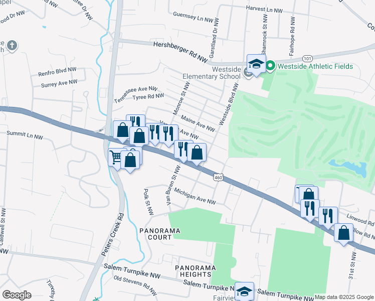 map of restaurants, bars, coffee shops, grocery stores, and more near 3938 Virginia Avenue Northwest in Roanoke