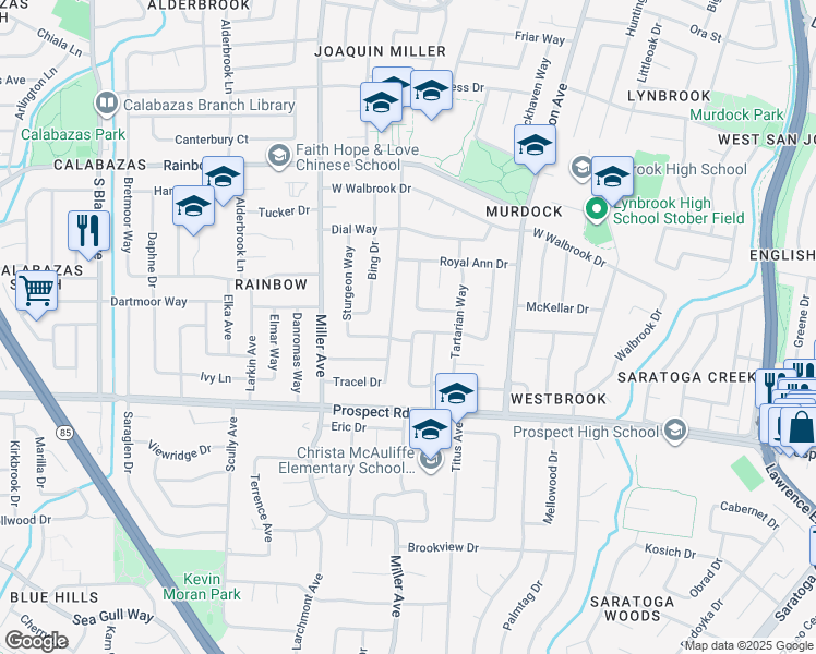 map of restaurants, bars, coffee shops, grocery stores, and more near 6089 Wellfleet Way in San Jose
