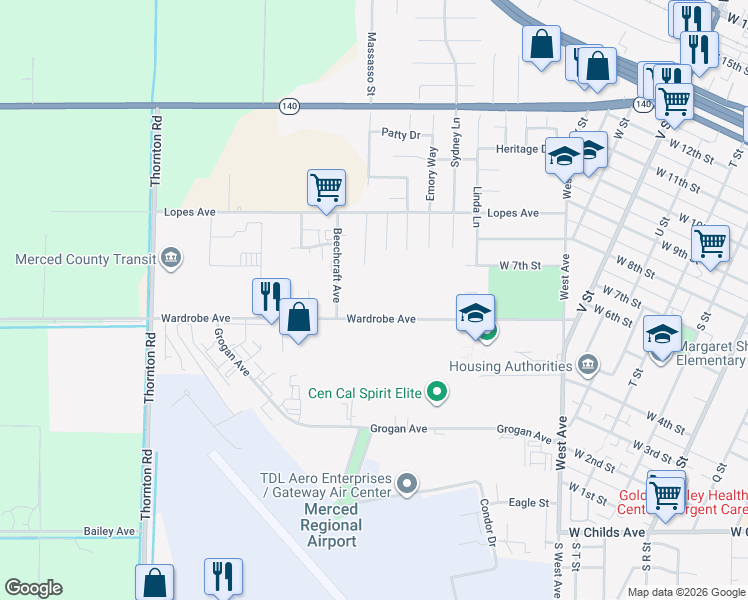 map of restaurants, bars, coffee shops, grocery stores, and more near 802 Beechcraft Avenue in Merced