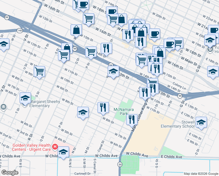 map of restaurants, bars, coffee shops, grocery stores, and more near 625 West 11th Street in Merced