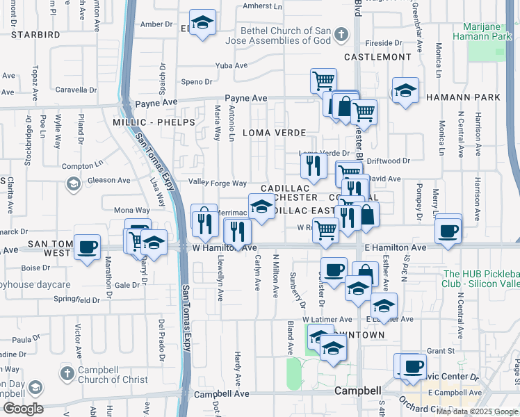 map of restaurants, bars, coffee shops, grocery stores, and more near 3331 Merrimac Drive in San Jose