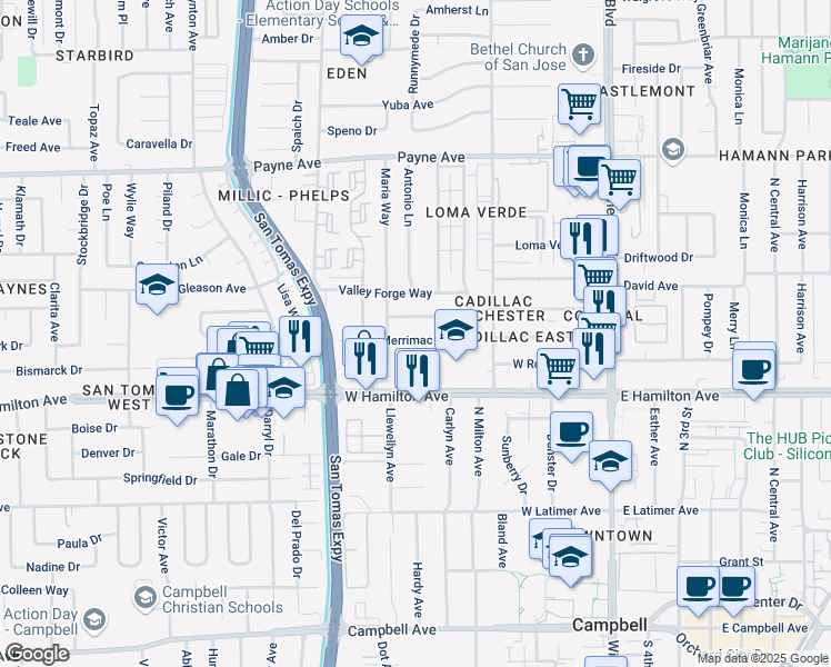 map of restaurants, bars, coffee shops, grocery stores, and more near 3403 Merrimac Drive in San Jose