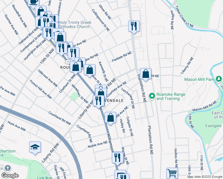 map of restaurants, bars, coffee shops, grocery stores, and more near 162 Courtney Avenue Northeast in Roanoke