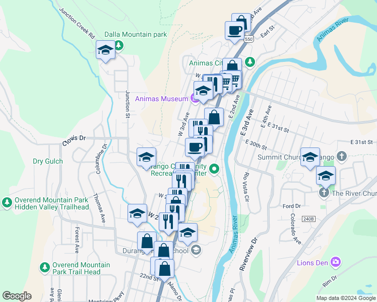 map of restaurants, bars, coffee shops, grocery stores, and more near 170 West 29th Street in Durango
