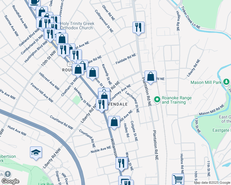 map of restaurants, bars, coffee shops, grocery stores, and more near 162 Courtney Avenue Northeast in Roanoke