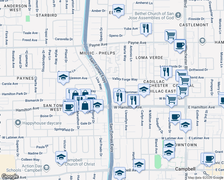 map of restaurants, bars, coffee shops, grocery stores, and more near 553 Merrimac Drive in Campbell