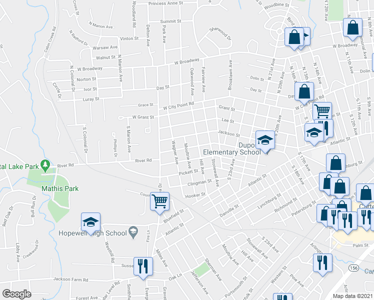 map of restaurants, bars, coffee shops, grocery stores, and more near 2802 Johnson Street in Hopewell