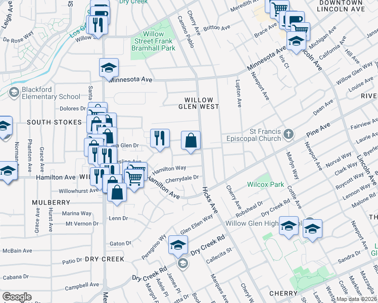 map of restaurants, bars, coffee shops, grocery stores, and more near 1433 Mercer Avenue in San Jose