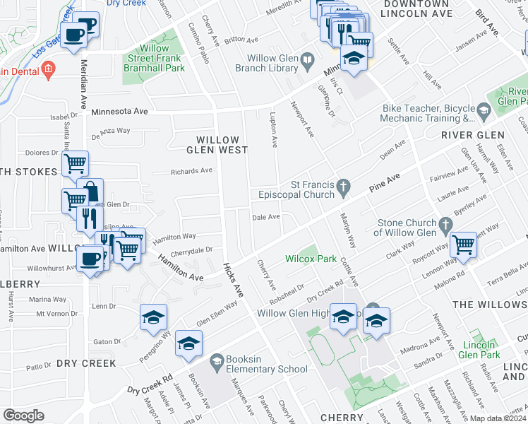 map of restaurants, bars, coffee shops, grocery stores, and more near 1329 Dale Avenue in San Jose