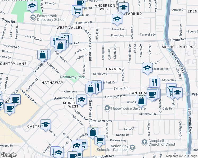map of restaurants, bars, coffee shops, grocery stores, and more near 4147 Hamilton Park Drive in San Jose