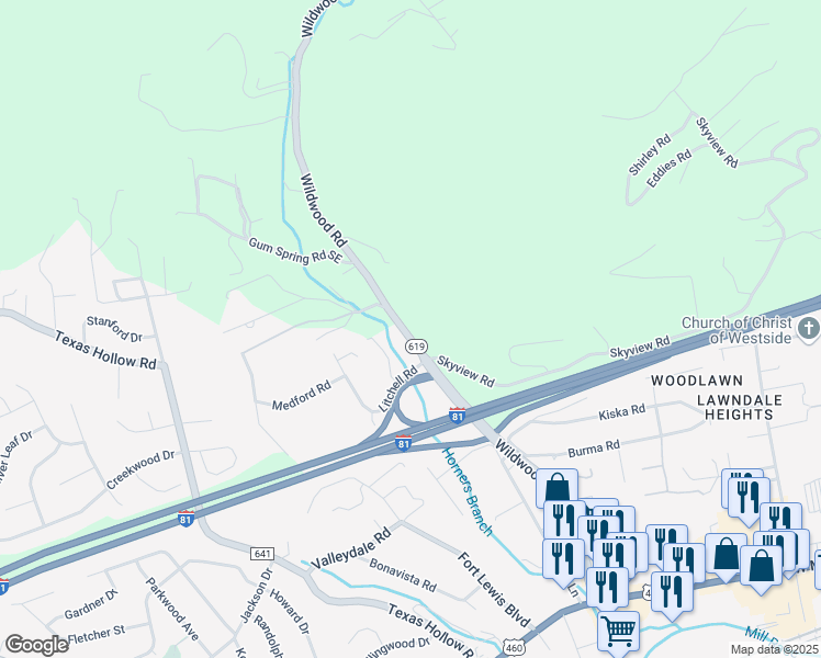 map of restaurants, bars, coffee shops, grocery stores, and more near 2782 Wildwood Road in Salem