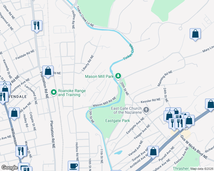 map of restaurants, bars, coffee shops, grocery stores, and more near 2405 Overlook Road Northeast in Roanoke