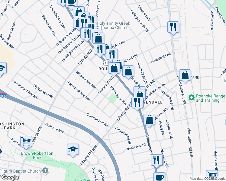 map of restaurants, bars, coffee shops, grocery stores, and more near 2629 Bowman Street Northwest in Roanoke