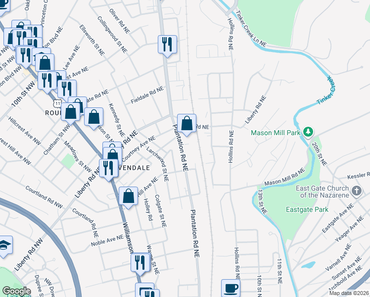 map of restaurants, bars, coffee shops, grocery stores, and more near 2241 Plantation Road Northeast in Roanoke