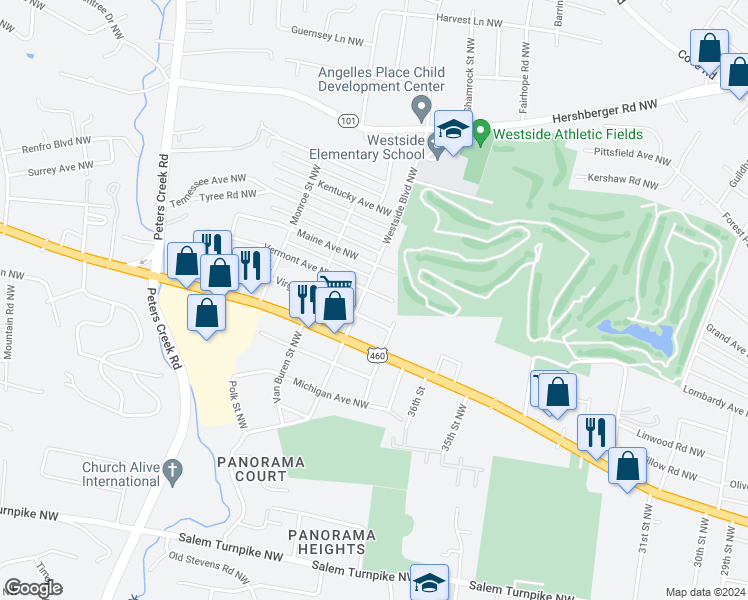 map of restaurants, bars, coffee shops, grocery stores, and more near 3828 Vermont Avenue Northwest in Roanoke