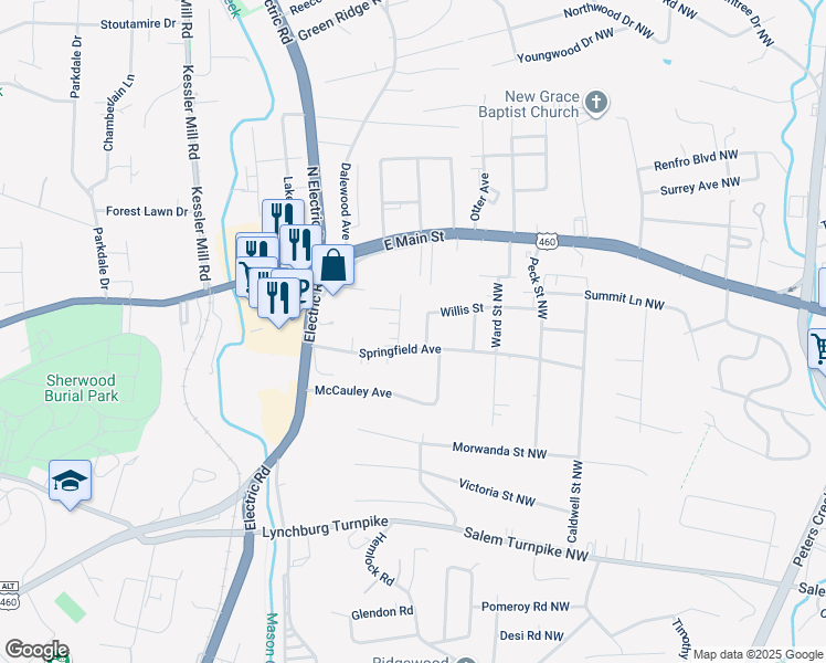 map of restaurants, bars, coffee shops, grocery stores, and more near 116 Frantz Street in Salem