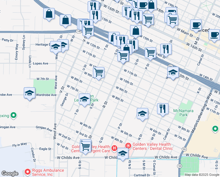 map of restaurants, bars, coffee shops, grocery stores, and more near 827 R Street in Merced