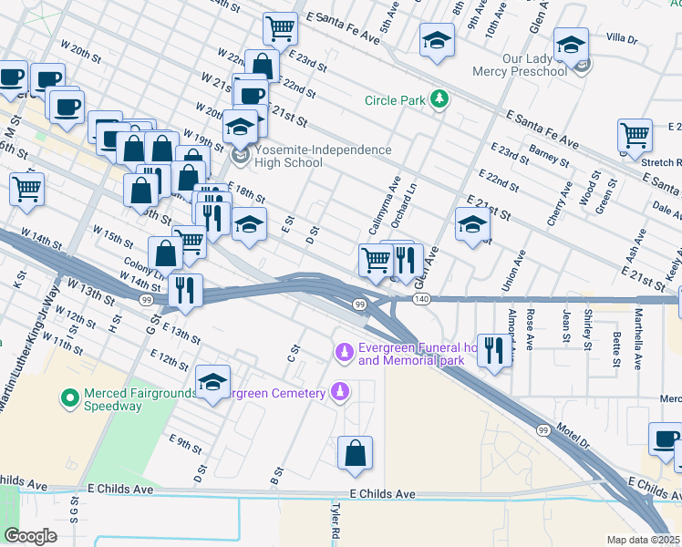map of restaurants, bars, coffee shops, grocery stores, and more near 390 East Main Street in Merced