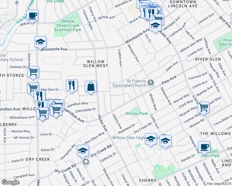 map of restaurants, bars, coffee shops, grocery stores, and more near 1329 Dale Avenue in San Jose