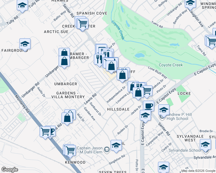 map of restaurants, bars, coffee shops, grocery stores, and more near 475 Pocatello Drive in San Jose