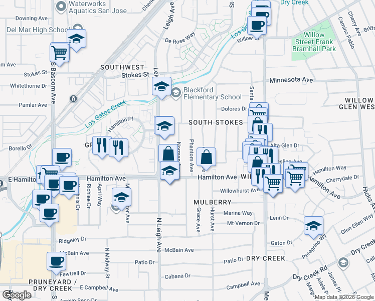 map of restaurants, bars, coffee shops, grocery stores, and more near 1575 Phantom Avenue in San Jose