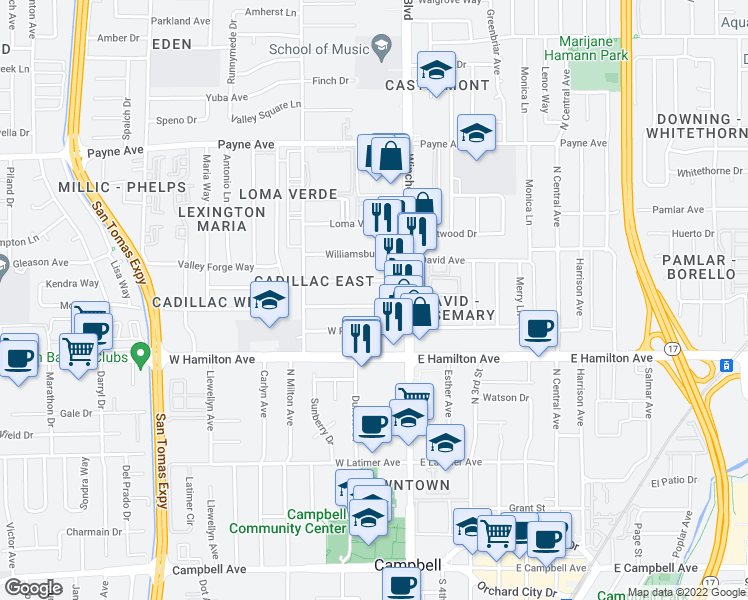 map of restaurants, bars, coffee shops, grocery stores, and more near 3143 Impala Drive in San Jose