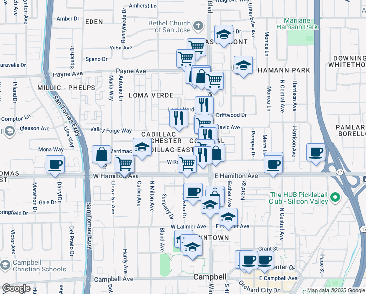 map of restaurants, bars, coffee shops, grocery stores, and more near 3206 Impala Drive in San Jose