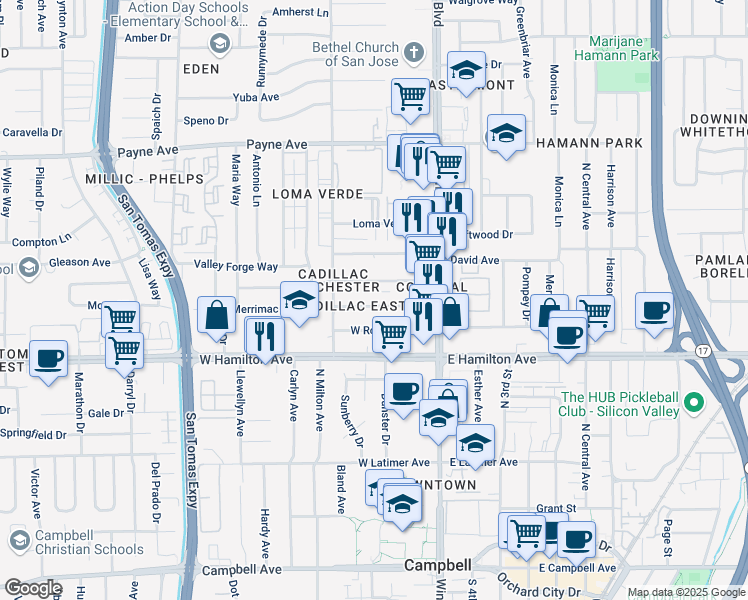 map of restaurants, bars, coffee shops, grocery stores, and more near 3206 Impala Drive in San Jose