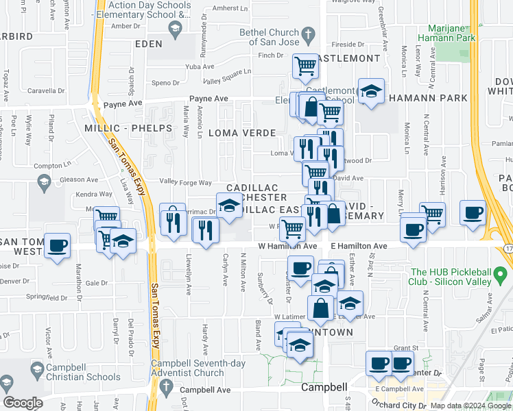 map of restaurants, bars, coffee shops, grocery stores, and more near 1521 Eden Avenue in San Jose