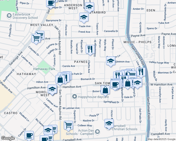 map of restaurants, bars, coffee shops, grocery stores, and more near 1542 Clarita Avenue in San Jose