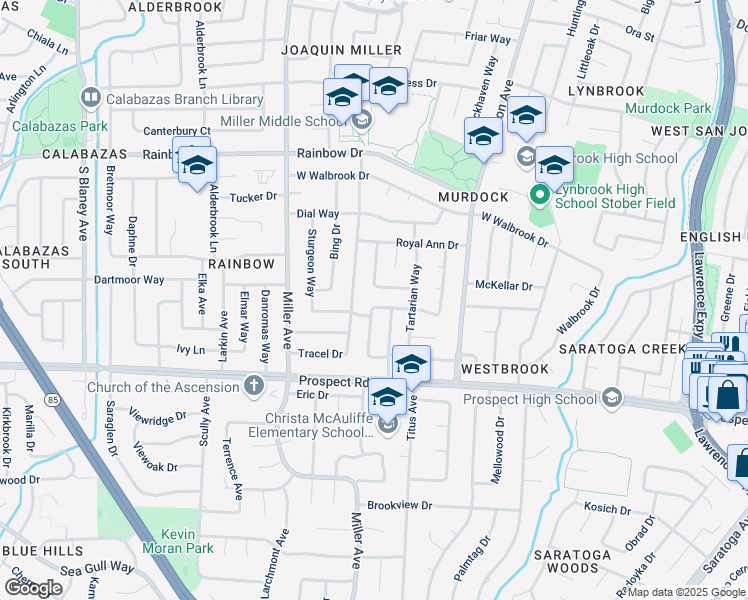 map of restaurants, bars, coffee shops, grocery stores, and more near 6089 Wellfleet Way in San Jose