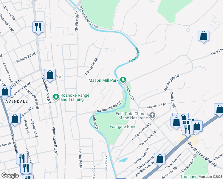 map of restaurants, bars, coffee shops, grocery stores, and more near 2405 Overlook Road Northeast in Roanoke