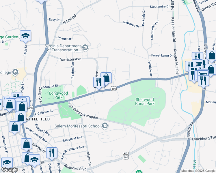 map of restaurants, bars, coffee shops, grocery stores, and more near 1013 East Main Street in Salem