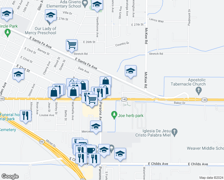 map of restaurants, bars, coffee shops, grocery stores, and more near 2000 Edwards Avenue in Merced