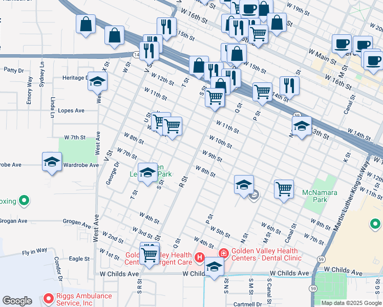 map of restaurants, bars, coffee shops, grocery stores, and more near 827 R Street in Merced