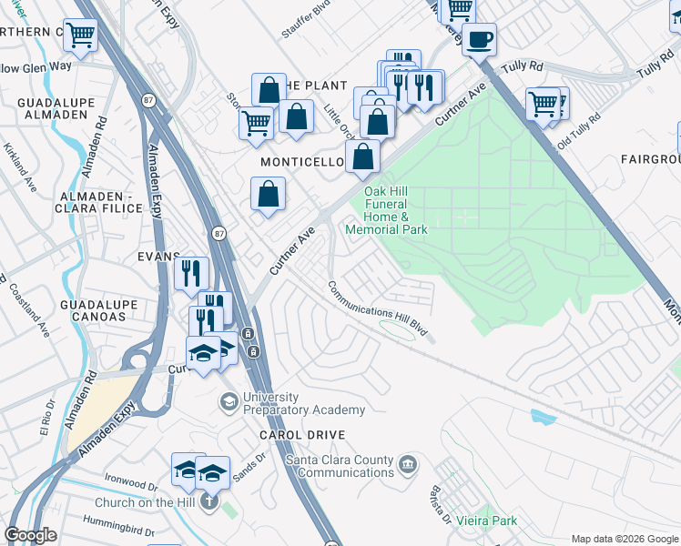 map of restaurants, bars, coffee shops, grocery stores, and more near 294 Meadow Pine Place in San Jose