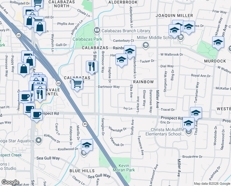 map of restaurants, bars, coffee shops, grocery stores, and more near 1602 Clarkspur Lane in San Jose