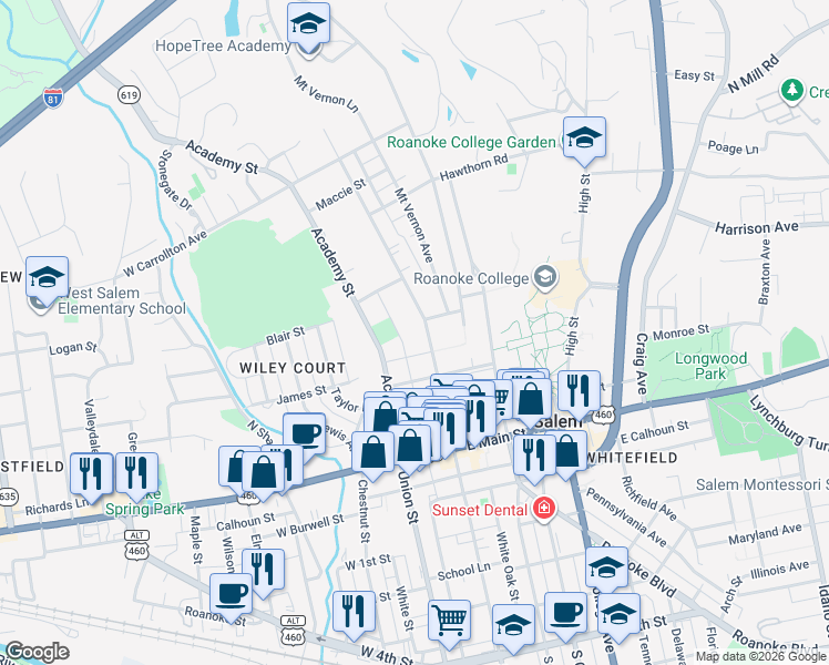 map of restaurants, bars, coffee shops, grocery stores, and more near 310 Academy Street in Salem