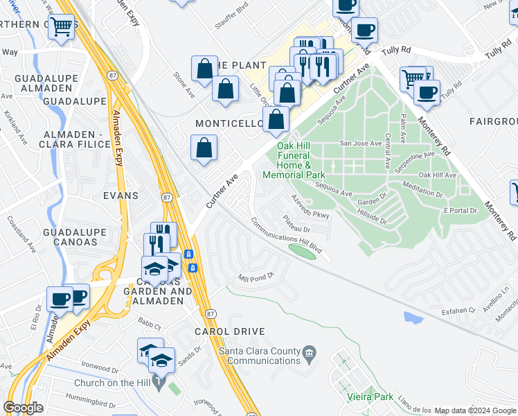map of restaurants, bars, coffee shops, grocery stores, and more near 294 Meadow Pine Place in San Jose