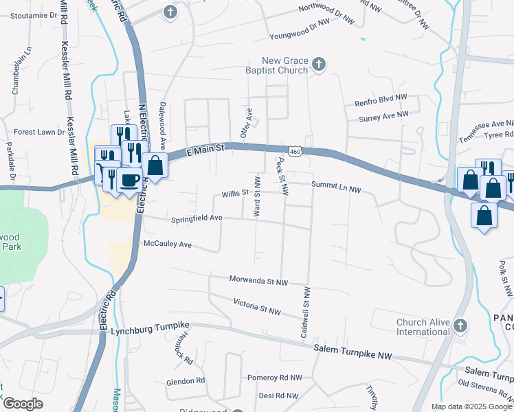 map of restaurants, bars, coffee shops, grocery stores, and more near 121 Ward Street Northwest in Salem
