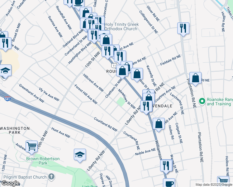map of restaurants, bars, coffee shops, grocery stores, and more near 2622 Bowman Street Northwest in Roanoke