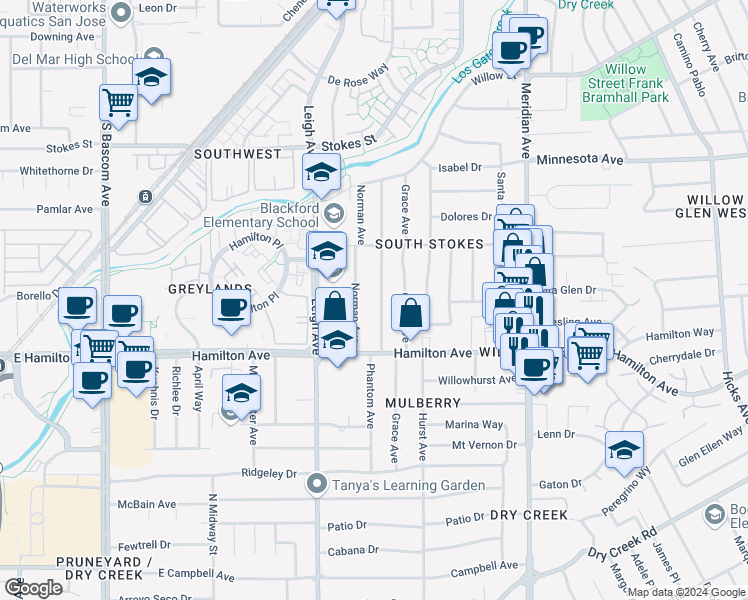 map of restaurants, bars, coffee shops, grocery stores, and more near in San Jose