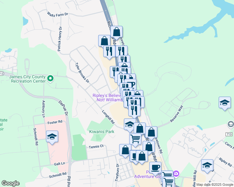 map of restaurants, bars, coffee shops, grocery stores, and more near 118 Thomas Nelson Lane in Williamsburg